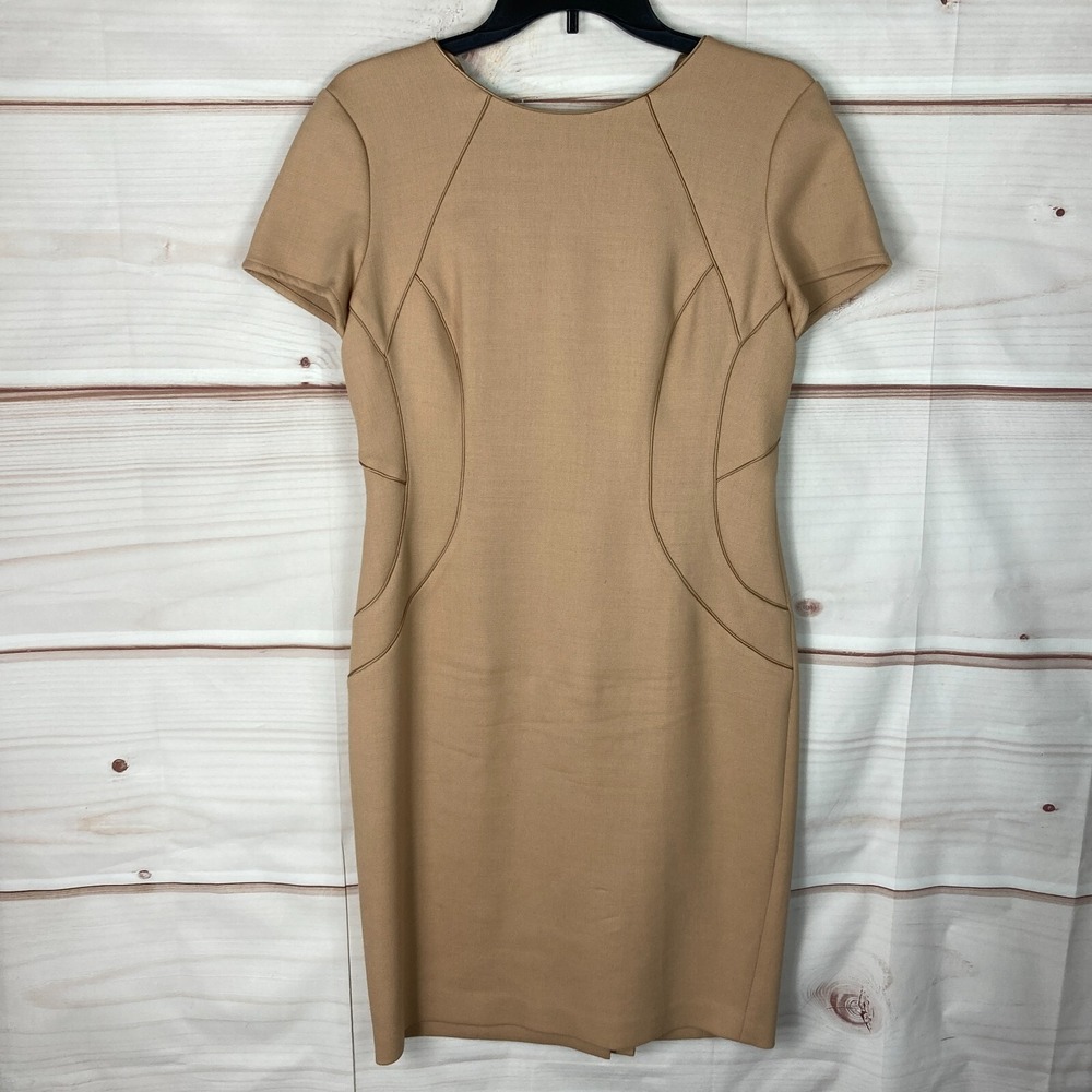 Magaschoni Dress Womens 6 Tan Sheath Short Sleeve Wool Blend Solid Crew Neck